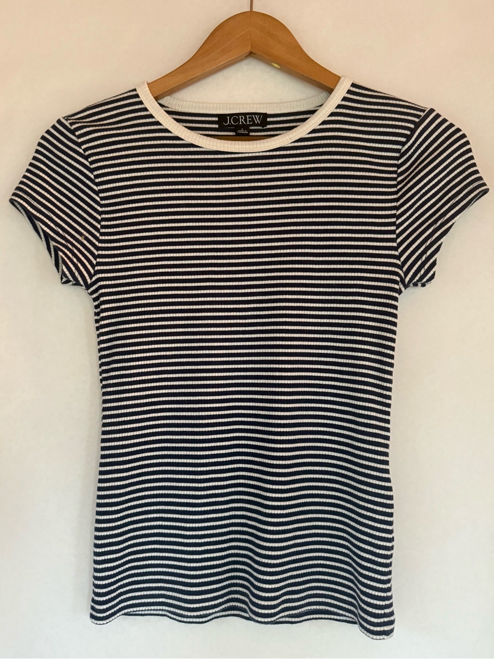 J. Crew Navy and White Ribbed Stripe Short Sleeve Tee